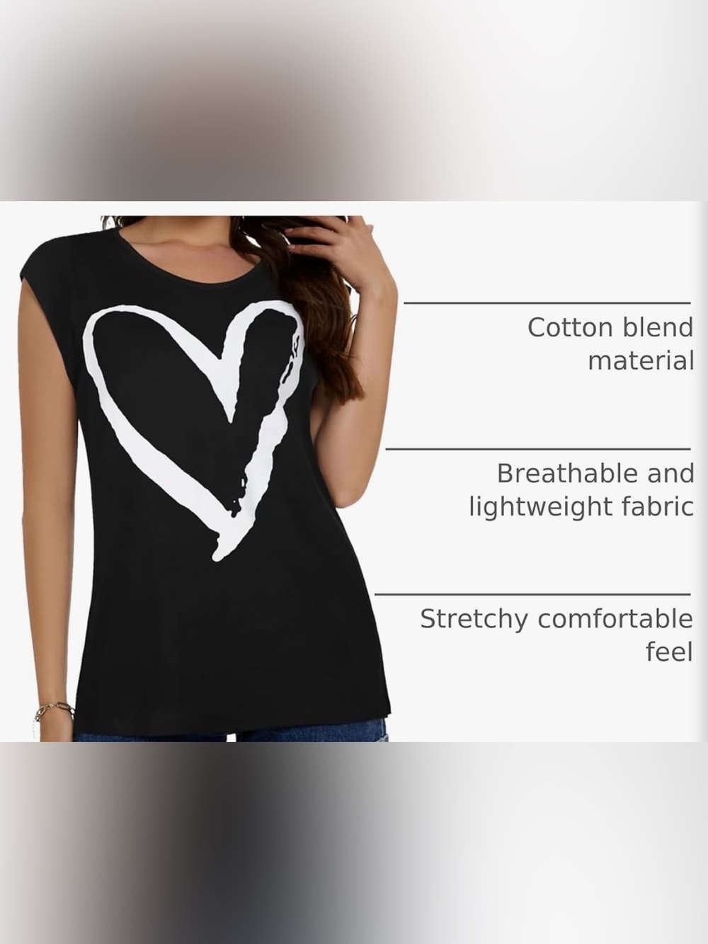 Women’s Black Cap Sleeve Tee with White Heart Graphic - Picture 3 of 5